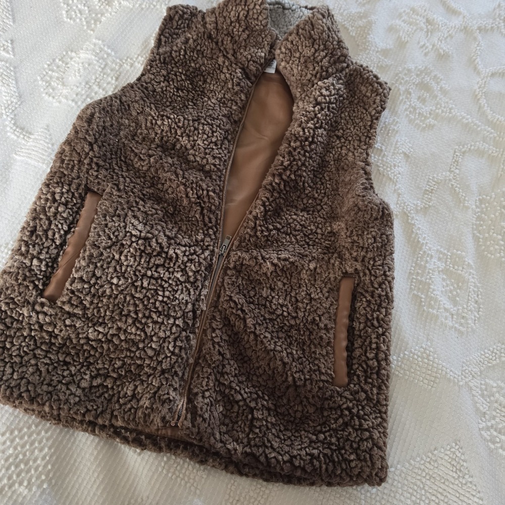 Katydid Womens Small Brown Sherpa Vest Zip Retro Soft Snuggly